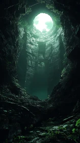 Vertical view of deep stone shaft with overgrown walls and sky