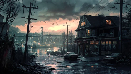 Rain-slicked harbor street hums beneath a brooding neon dusk.
