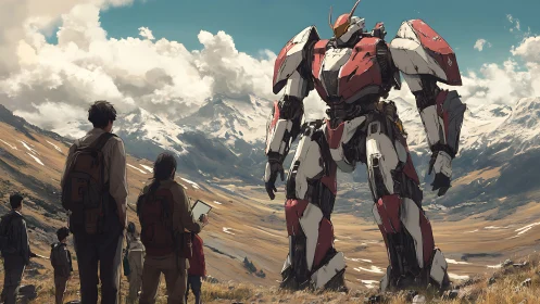 Colossal red mech confronting hikers in alpine valley.