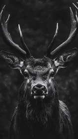 Stag portrait in dramatic monochrome wildlife close-up study.