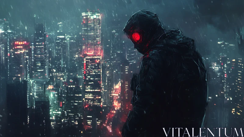 Cybernetic watcher overlays neon-lit skyline under heavy rainfall