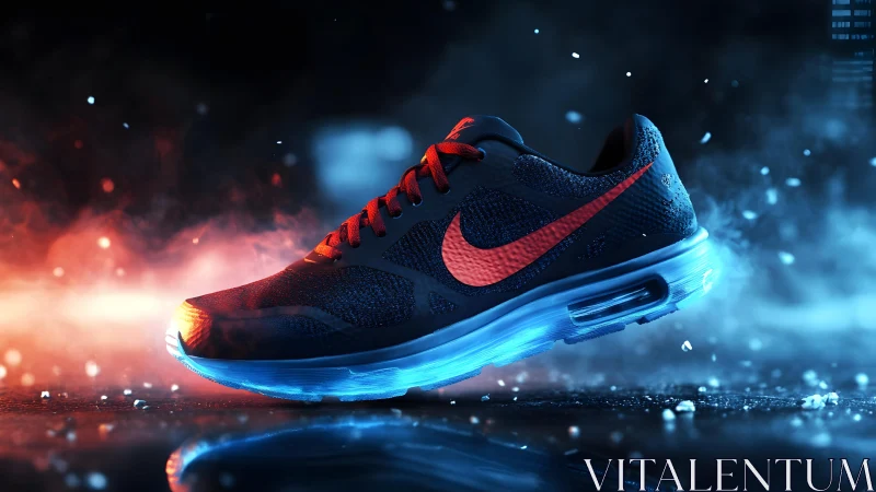 Futuristic running shoe with glowing sole in dynamic digital art.