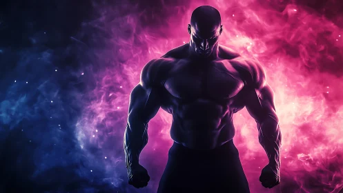 Digital painting of muscular silhouette in neon bicolor haze.