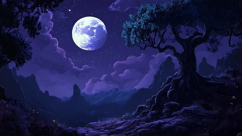 Luminous full moon above twisted mountain tree in violet dusk