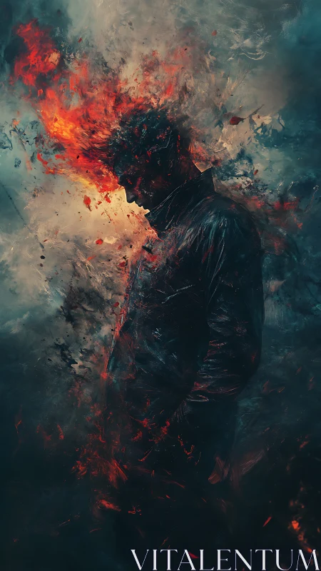 Brooding silhouette crowned in stormfire and whispered ash.