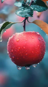 Raindrops cling to ripe red apple in dreamy orchard light.