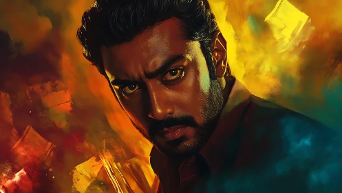 Intense male portrait set against abstract fiery chromatic field