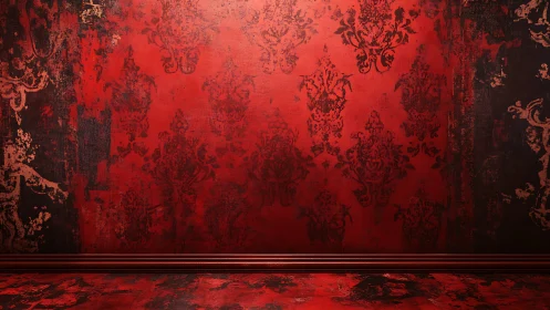 Crimson baroque chamber steeped in shadowed ornamental drama.