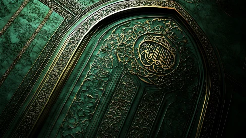 3D emerald arch with ornate gold Islamic calligraphy relief.