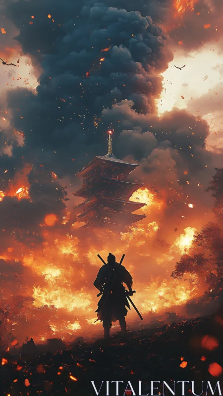 Samurai silhouette observes burning pagoda amid dense smoke