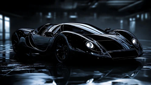 Low-lit black sports car is rendered in a reflective garage