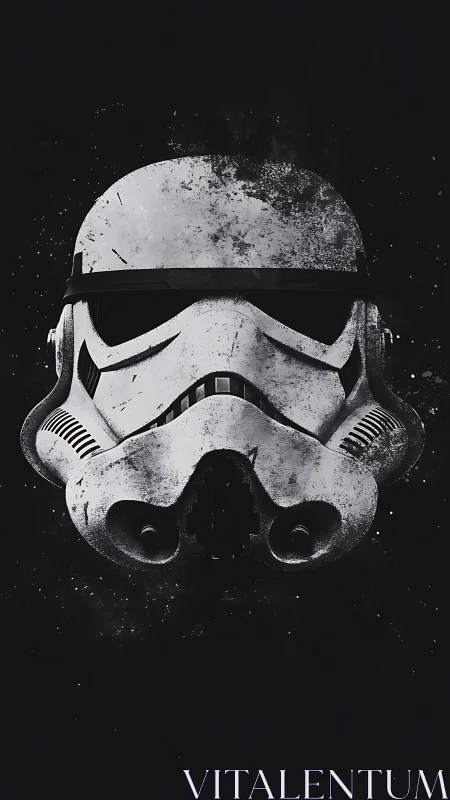 Weathered sci-fi combat helmet with monochrome grunge finish.