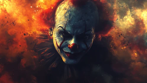 Sinister clown portrait in dark fiery smoke background.