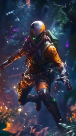 Starlit ranger exploring a glowing cyber forest at night.