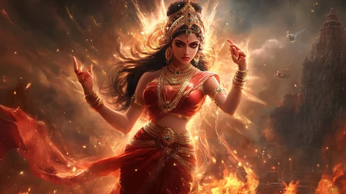 Digital painting of fiery warrior goddess in dynamic composition.