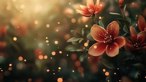 Red Flowers with Golden Bokeh Particles in Soft Focus