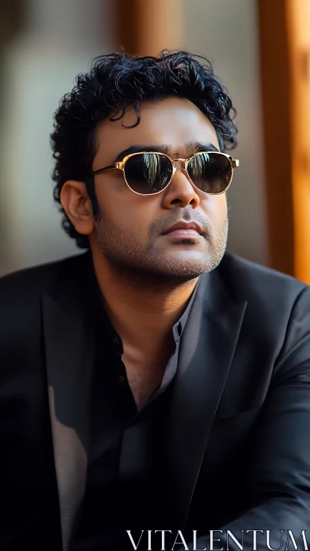 Cool confidence in golden sunglasses and softly lit suit.