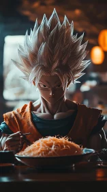 Spiky haired anime warrior framed by warm ramen bistro lighting.
