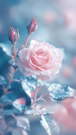 Macro closeup of pastel pink rose with dewdrops and buds