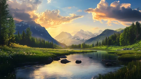 Mountain valley river reflects clouded sunset sky accurately