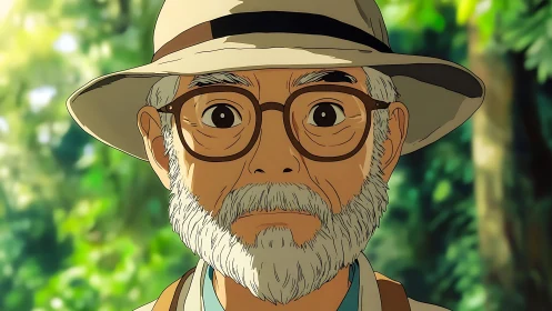 Anime portrait of elderly explorer in sunlit forest setting.