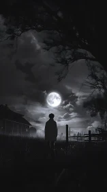 Lone moonlit wanderer paused at the edge of a haunted field.