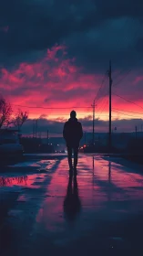Silhouetted person stands on wet road under vivid sunset sky