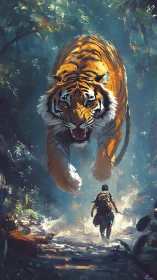Predatory tiger leaping toward lone explorer in jungle trail.
