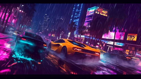 Neon-soaked supercars drift through wet cyberpunk boulevard in rain