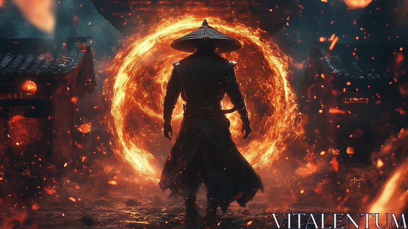 Fire-ringed warrior steps into a glowing portal of fate.