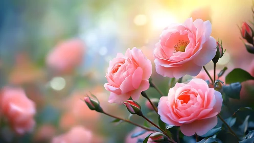 Pink garden roses photographed with shallow depth of field