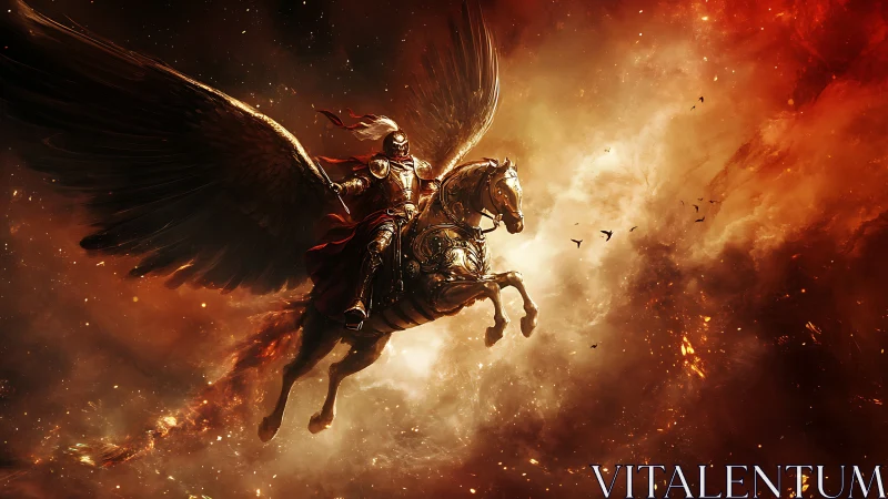 Winged knight soaring bravely through a blazing sky.