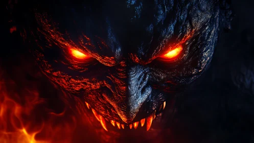 Fiery demonic creature face with glowing eyes close view.