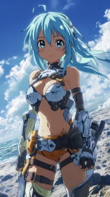 Cyborg beach warrior gazes ahead under vivid summer sky.