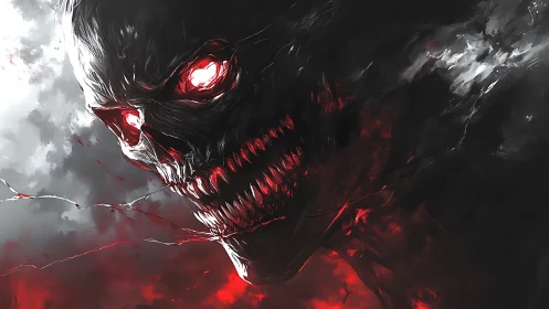 Fierce crimson nightmare grinning through stormy shadows.