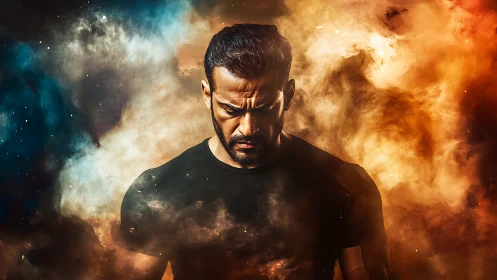 Contrasted male portrait emerges from turbulent bicolor nebula field