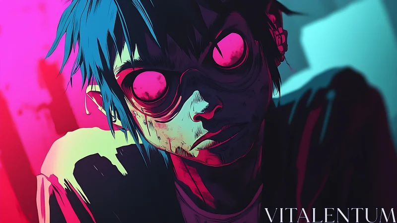 Neon lit cartoon character portrait with glowing goggles.