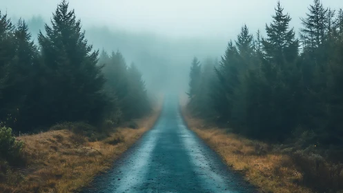 Misty Forest Road Stretches Through Towering Pine Trees