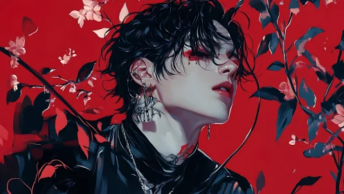 Digital painting portrait with floral crimson negative space.