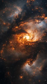 Fiery spiral nebula swirls through a glowing starfield