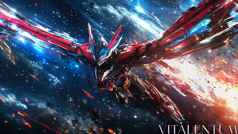 Starforge raptor mech dives through a burning cosmic storm.