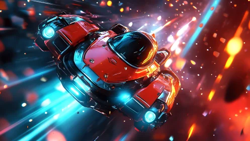 Daring red space pod races through glowing cosmic trails