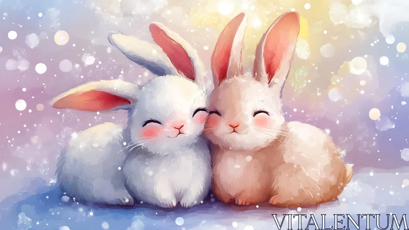 Soft-lit digital painting portrays two cuddling winter bunnies