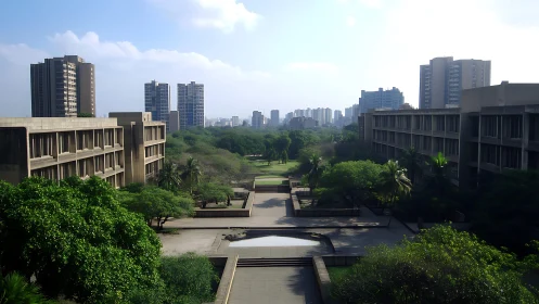 Brutalist academic courtyard with axial garden and city towers