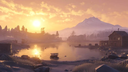 Low-poly lakeside logging town at sunset with snow peak