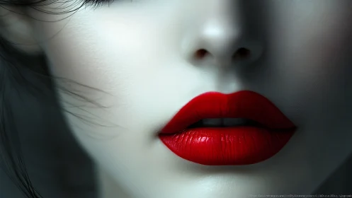 Hyper-detailed close-up of glossy red lips on pale skin surface