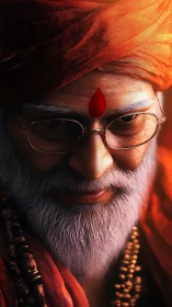 Elderly bearded man in turban is rendered in close-up