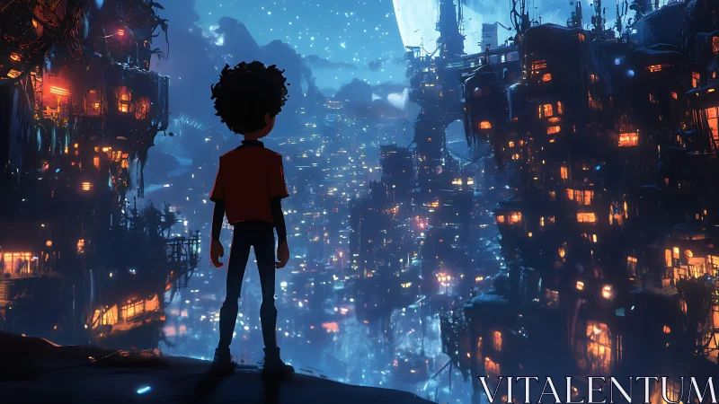 Young explorer gazes over neon-lit sci-fi shantytown at night.