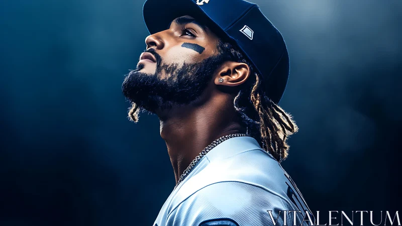 Under stadium skies, a focused ballplayer studies the light.