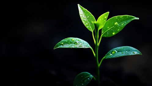 Macro-lit seedling with specular dew on glossy foliage.